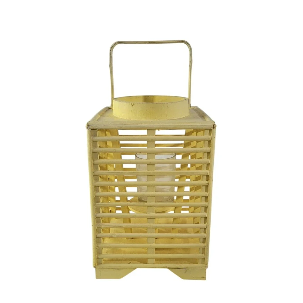 Vintage Yellow Wooden Slatted Lantern Candle Holder with‎ Glass Insert